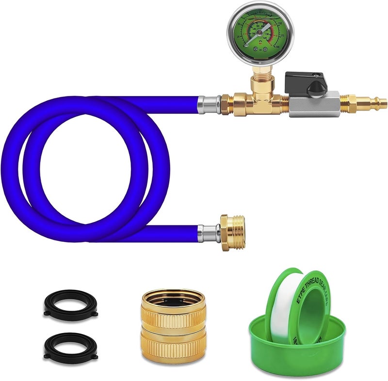 HFVSLFA RV Winterizing Kit with Pressure Gauge, 60inch RV Winterize Hose with 3/4" GHT Blow Out Fitting Adaptor & 1/4" Quick Connect Plug, Sprinkler Winterization Kit for Camper, Boat, Travel Trailer, Blue - Image 1